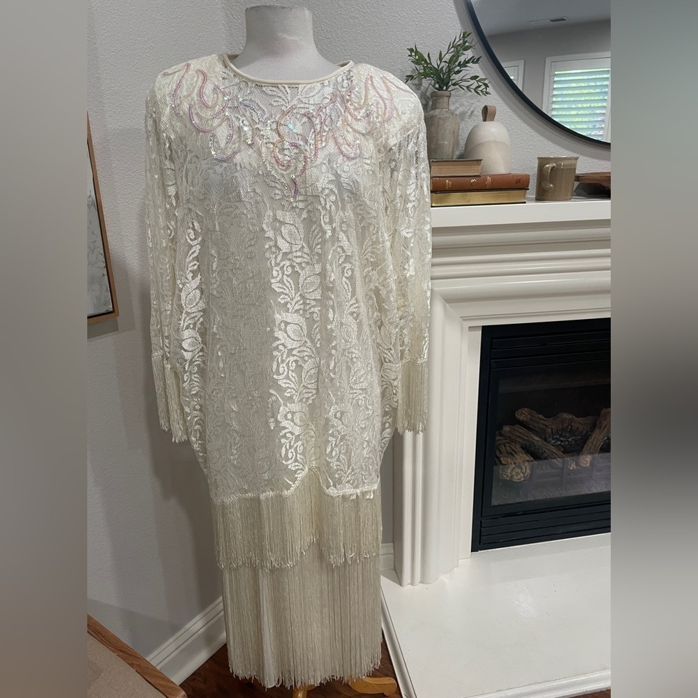 Vintage‎ nightworks fringe lace midi dress